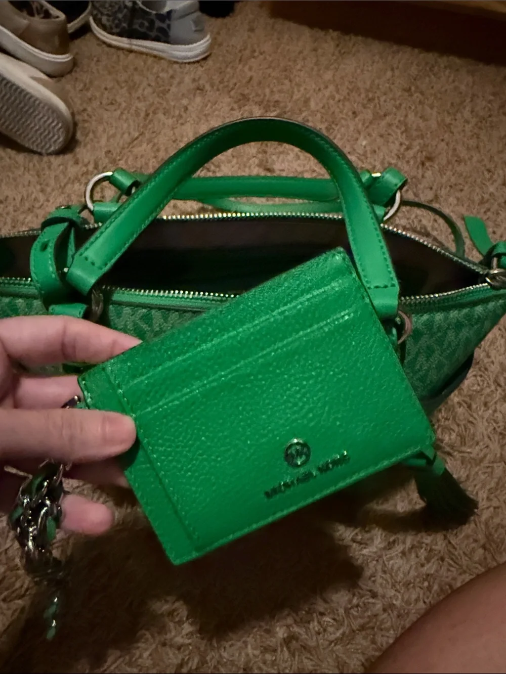 Michael Kors Green Signature Canvas Tote with Tassel Charm w/matching card hold